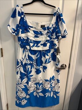 Adrianna Papell White Midi Dress with Bold Royal Blue Floral Print